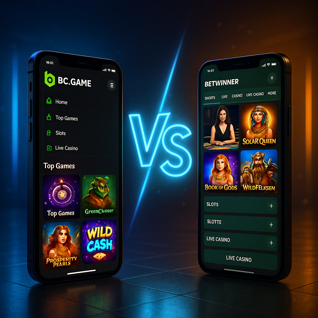 BC.Game 和 BetWinner 移动界面的比较,显示应用程序的主界面,包括赌场游戏、老虎机和真人赌场。