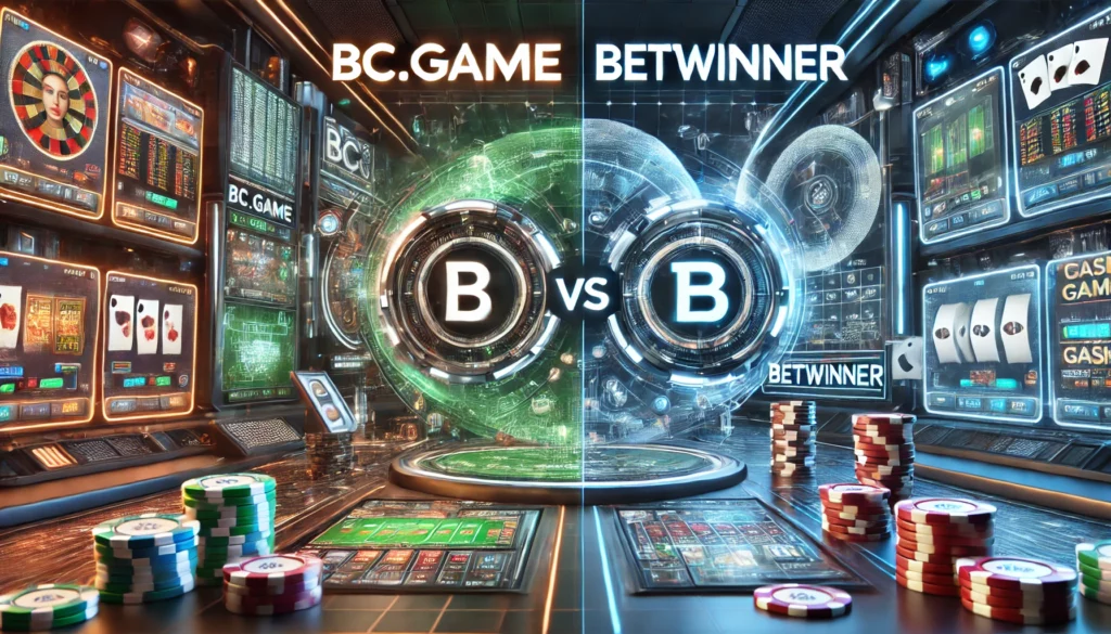 在线赌博平台 BC.Game 和 BetWinner 的视觉对比,展示未来派赌场图形、扑克筹码和老虎机。