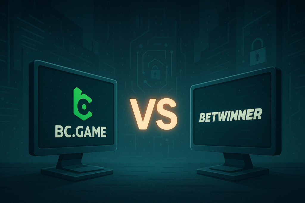 用两台显示器显示 BC.Game 和 BetWinner 之间对比的数字图形,代表两个在线游戏平台的直接对比。